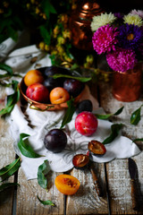 Fototapeta na wymiar Autumn still life with plums .style rustic