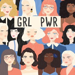 Group of portraits of diverse women, fight for equality concept, girl power message, feminism, flat vector illustration