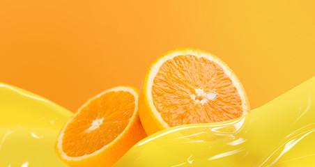 Fresh Orange slices with juice on background