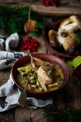 Mushroom and quail stew..selective focus