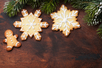 Christmas gingerbread cookies and fir tree