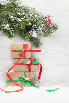 Christmas gift boxes and xmas fir tree