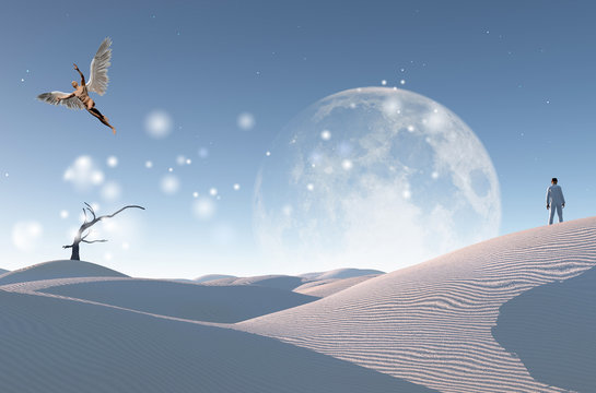 Surreal white desert with dry tree, big moon at the horizon. Man in white suit and bowler stands on a sand dune. Man with wings represents angel