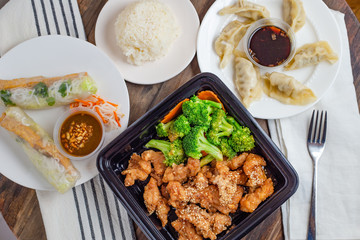 chicken with rice and vegetables overhead view