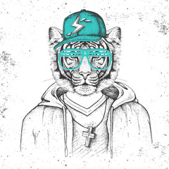 Hipster animal tiger dressed in cap like rapper. Hand drawing Muzzle of tiger