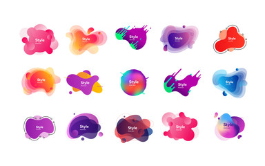 Neon multicolored abstract shapes set. Modern dynamic figures and lines on white background. Trendy minimal templates for presentations, banners, apps and web pages. Vector illustration