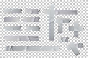 Adhesive or masking tape pieces set. Vector torn masking and adhesive tape parts isolated on transparent background.