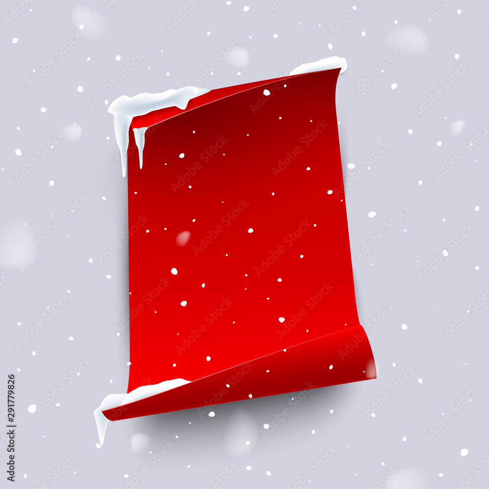 Poster red paper sheet with curled edges isolated on snowfall background. vector vertical design element.
