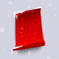 Red paper sheet with curled edges isolated on snowfall background. Vector vertical design element.