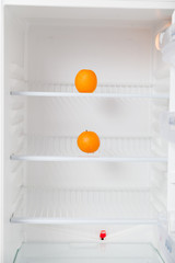 Two oranges are in empty fridge