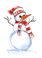 Snowman in a red hat and a striped scarf, hands twigs. Decorative element postcard. Sketch with watercolor and black ink line. Hand drawn illustration isolated on white background