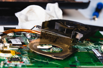Obraz premium Dirty cooling system on notebook motherboard
