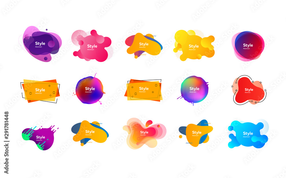 Poster set of vibrant liquid shapes for presentation. dynamical colored forms. gradient banners with flowin