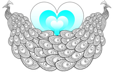 bright postcard with the image of two peacocks on the background of a heart