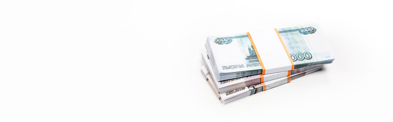 panoramic shot of russian money isolated on white