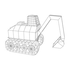 Excavator heavy equipment construction company. Wireframe low poly mesh vector illustration