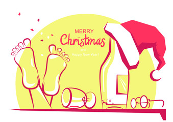 Merry Christmas greeting card with text. Vector cartoon illustration of holiday table with alcohol and Santa hat isolated on white.
