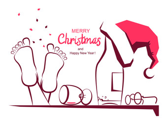 Merry Christmas greeting card with text. Vector cartoon illustration of holiday table with alcohol and Santa hat isolated on white.