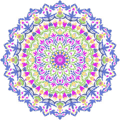 Mandala on a white background. Multi-colored circular pattern. Ethnic motif on fabric, paper. Template for tattoo, mehndi. Vector decoration. An element of psychological relaxation.