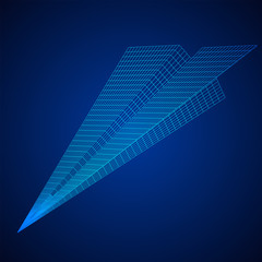 Paper plane flying. Abstract image of a aircraft origami. Wireframe low poly mesh vector illustration