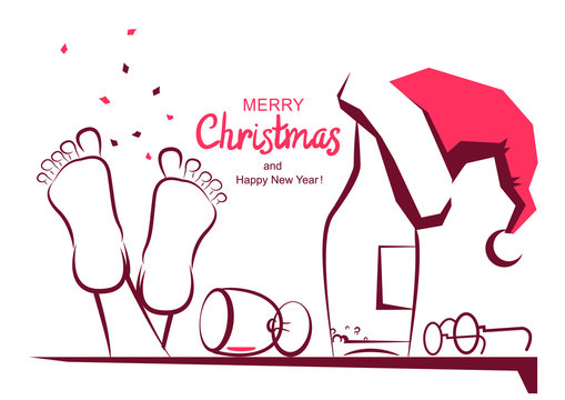 Merry Christmas greeting card with text. Vector cartoon illustration of holiday table with alcohol and Santa hat isolated on white.