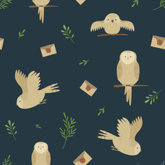 Obraz premium Seamless pattern with cute owls and envelopes