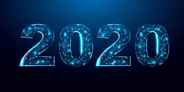 Happy 2020 new year banner design from lines, dots, triangles and particle. Geometric polygonal 2020 new year greeting card. Polygon vector wireframe concept.