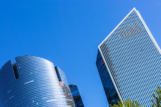 PARIS, FRANCE - MAY 10, 2015: View of Societe Generale headquarter (SG) in La Defense district, Paris. Societe Generale is a French multinational banking and financial services company.