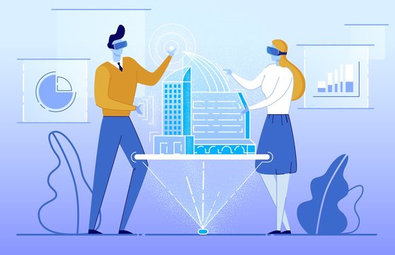 People in Augmented Reality Glasses See Building.