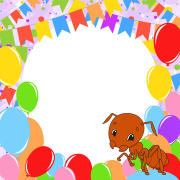 Happy birthday greeting card with a cute cartoon character. With copy space for your text. Picture on the background of bright balloons, confetti and garlands. Color vector isolated illustration.