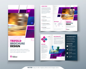 Purple Tri fold brochure design with square shapes, corporate business template for tri fold flyer. Creative concept folded flyer or brochure.