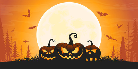 Scary Halloween background with pumpkins, bats and full moon. Cartoon vector illustration