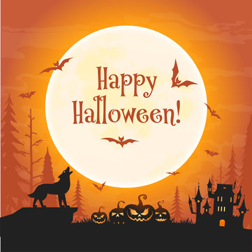 Wolf howling on the moon banner. Scary pumpkins, forest, full moon and haunted house. Happy Halloween vector illustration