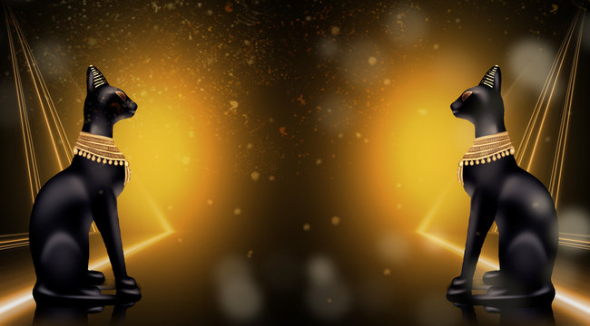 Egyptian background, a hall with columns in the golden light, the rays of light. Egyptian goddess Bastet. Background Ancient Egypt.