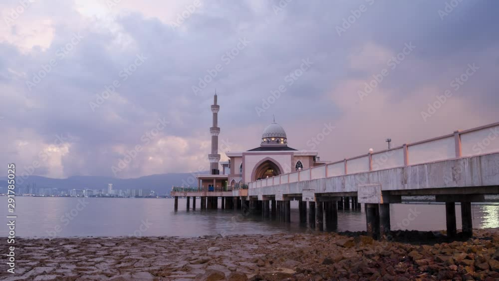 Poster timelapse day to night transition of floating mosque from high tide to low tide transition at bagan 