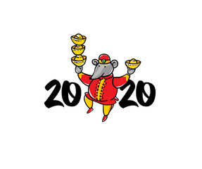 Hand drawn banner with a illustration of Rat zodiac sign, symbol of 2020 on the Chinese calendar