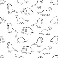 Seamless kids pattern with dinosaurs black and white. Vector illustration, design of wild animals, reptiles, for printing on fabric, clothing, packaging paper, bedding, printing, postcards.