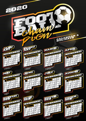 Football or soccer sport wall vertical calendar for 2020. One page Retro style calendar template with holidays and sport equipment. Black background.