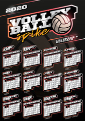 Volleyball sport wall vertical calendar for 2020. One page Retro style calendar template with holidays and sport equipment. Black background.