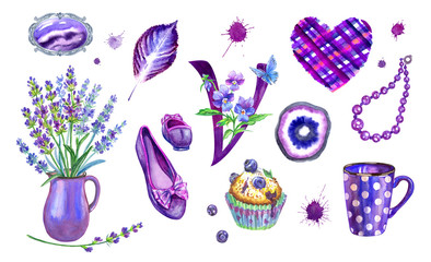 Fototapeta na wymiar Set of violet objects: brooch, lavender bouquet, shoes, beads, blueberry muffin, checkered heart, letter 