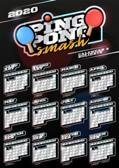 Table tennis or ping pong sport wall vertical calendar for 2020. One page Retro style calendar template with holidays and sport equipment. Black background.