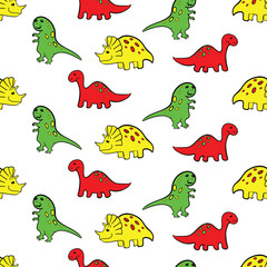 Naklejka premium Cute dinosaurs seamless pattern. Funny cartoon dino. Hand drawn vector doodle design for kids. Hand drawn children's illustration for fashion clothes, shirt, fabric
