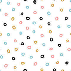 Hand drawn cute kids abstract seamless pattern. Rustic, boho simple colorful background. Cartoon polka dots illustration