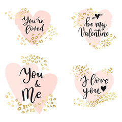 I love yoy, Be me Vlentine quotes. Abstract geometric vector background, brush paint illustration, frame, element, shape set. Pink ink brush stroke with rich golden exotic leopard animal skin texture