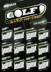 Golf sport wall vertical calendar for 2020. One page Retro style calendar template with holidays and sport equipment. Black background.