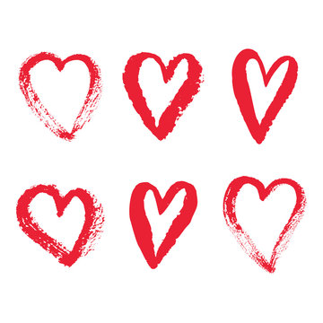 Vector ink red heart logo, shape, symbol set on Happy Valentines Day. Silhouette in grunge style