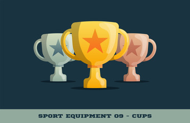 Vector Winner trophy gold, silver and bronze cups icon. Game equipment. Professional sport, classic cartoon cup for official competitions and tournaments. Isolated illustration