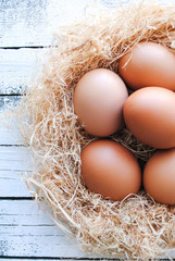 Nest with brown chicken eggs.