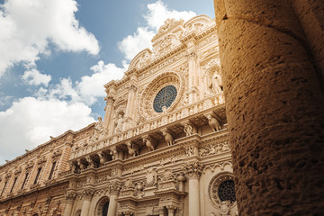 LECCE, ITALY /  SEPTEMBER 2019: The facade of the Basilica of Santa Croce in southern Italy.