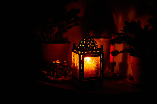 Beautiful vintage lantern on autumn background